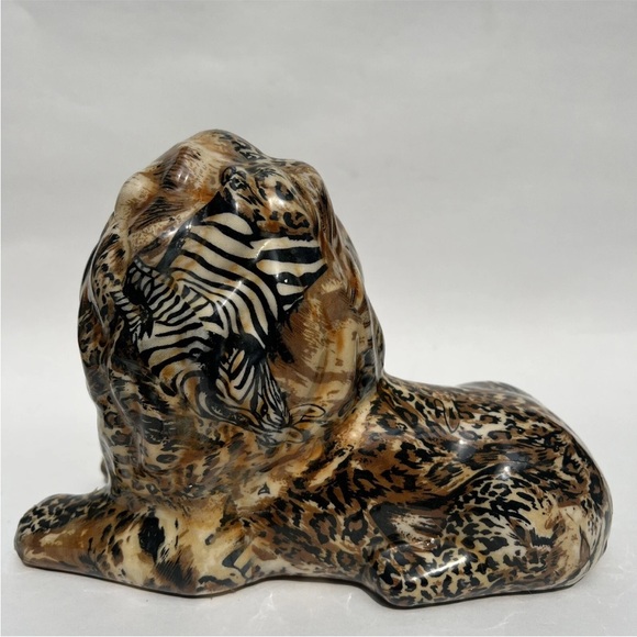 Pair Of La Vie Safari African Lion Patchwork Figurines Animal Print Decorative - Picture 4 of 11